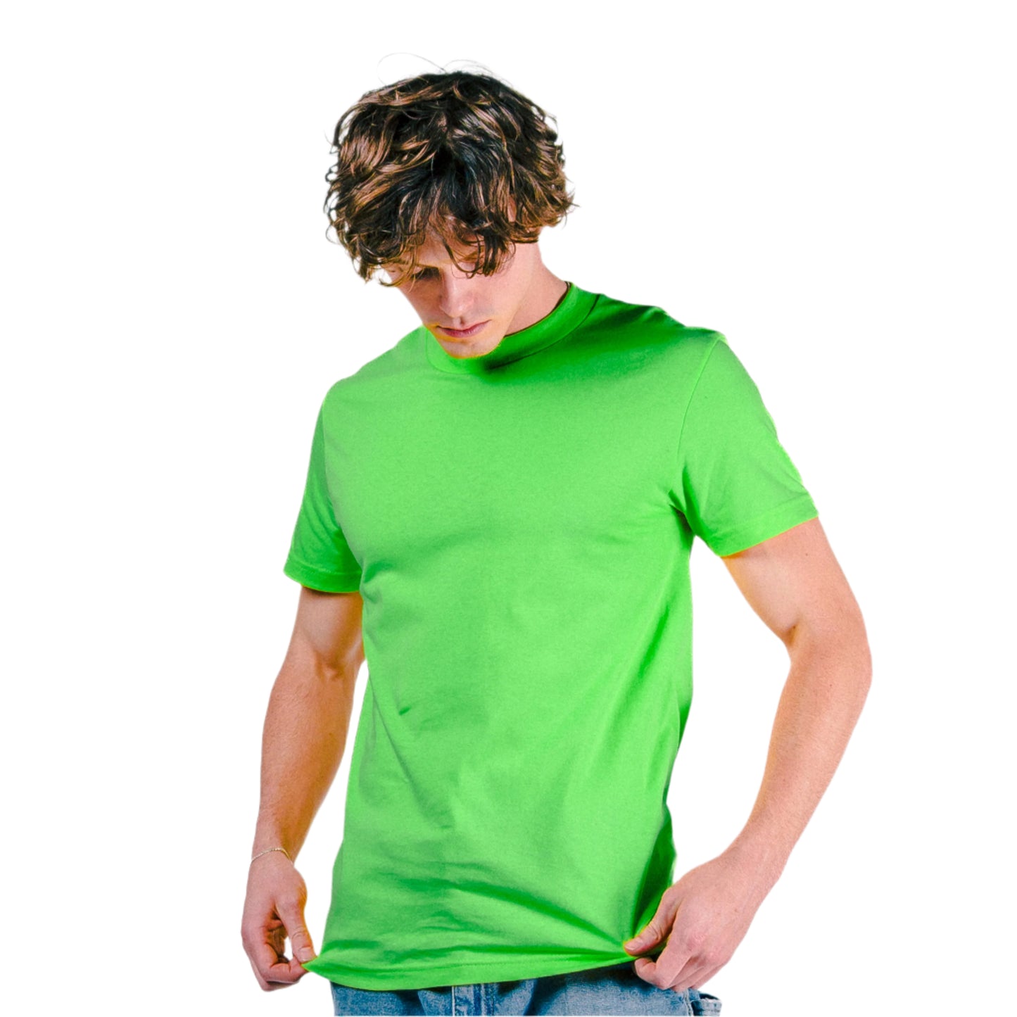 Person wearing a bright green t-shirt against a white background
